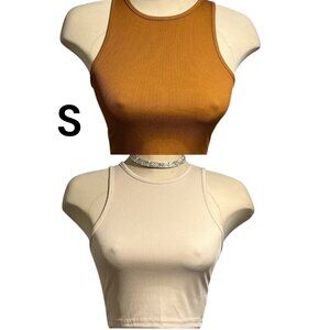 2 SHEIN Ribbed Tank Tops Size Small Beige and Camel Cropped